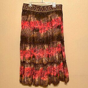 Metro7 Seven Brown Pink Paisley Sequin Beaded Midi Gypsy Skirt Missy Size 12